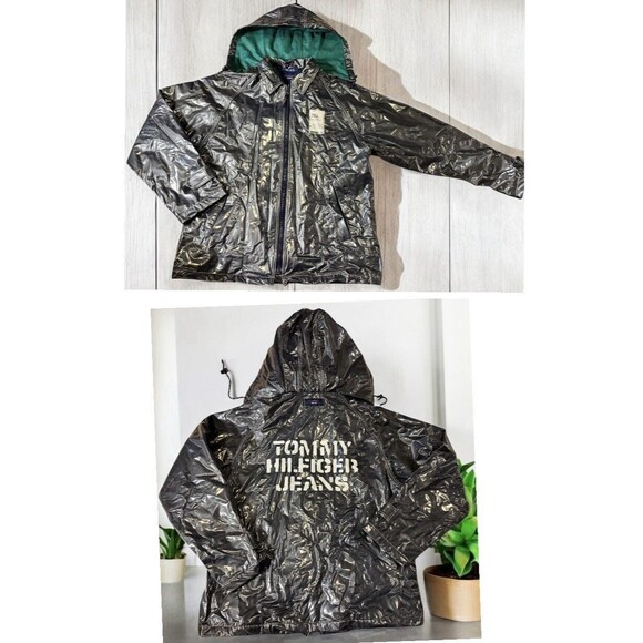 vintage 90s Tommy Jeans PVC Vinyl hooded Rain Coat navy blue Clear Over M RARE! - Picture 1 of 13